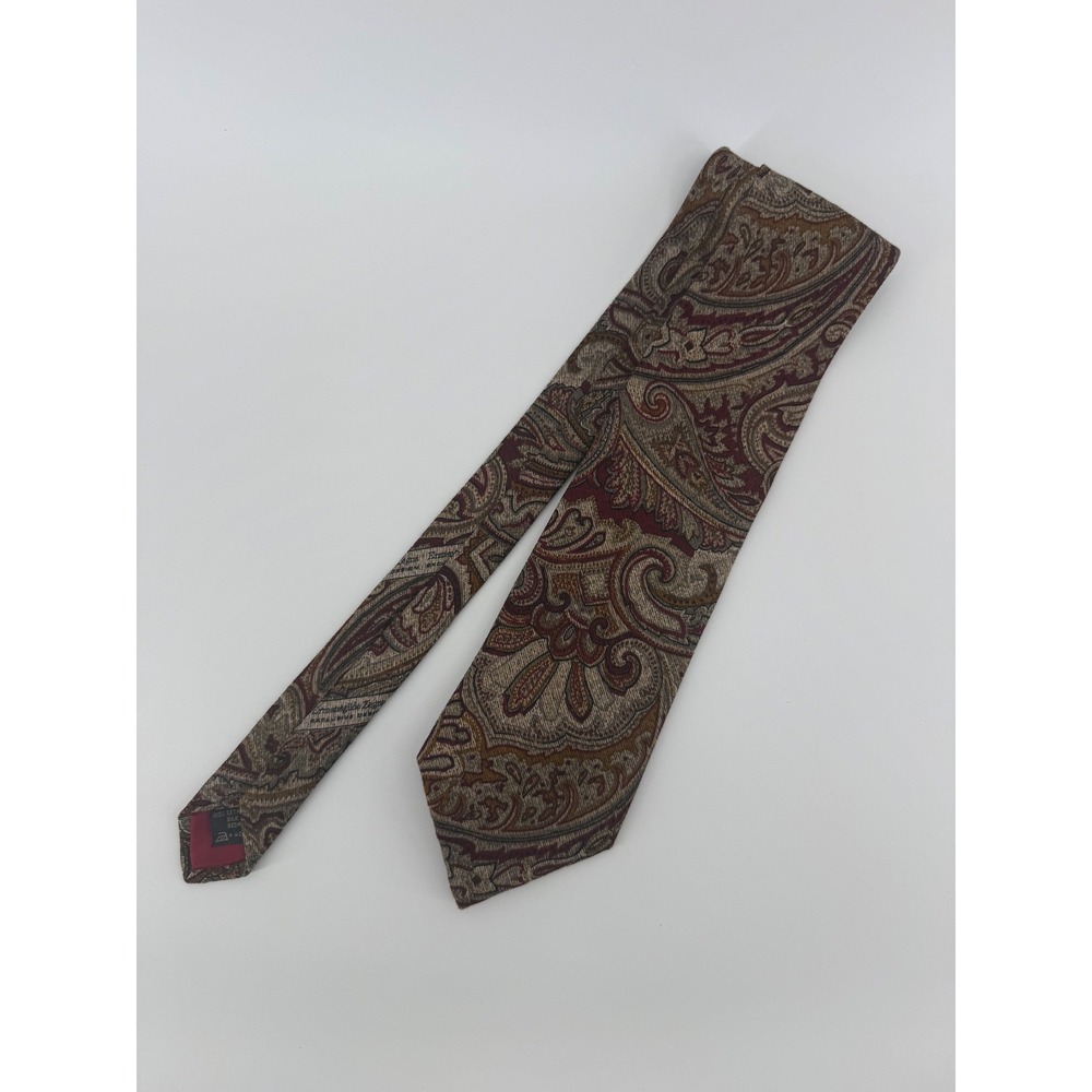 Ermenegildo Zegna Mens Silk Tie Burgundy Brown Gold Paisley Made in Italy